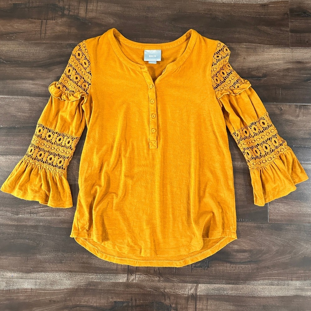 Maeve Anthropologie Mustard Yellow Crochet Lace Ruffle Sleeve Henley Top Small